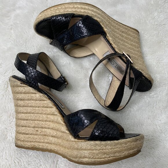 Jimmy Choo Women's Phoenix Black Embossed Straw Espadrille Wedges Size 42 - Picture 4 of 11